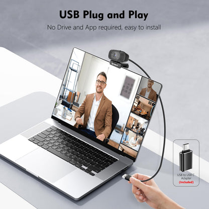 TOALLIN 1080P Full HD-Webcam mit Zwei Mikrofonen  90°-Weitwinkelansicht USB
