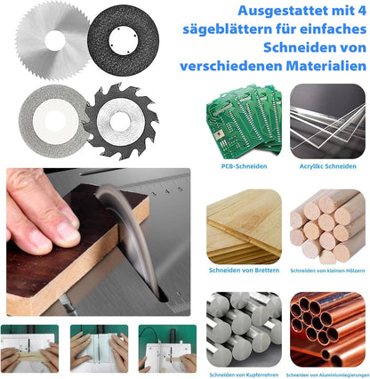 Mini Tischkreissäge mit 4 Klingen, 96W Tischsäge Klein mit 7-Gang-Netzteil
