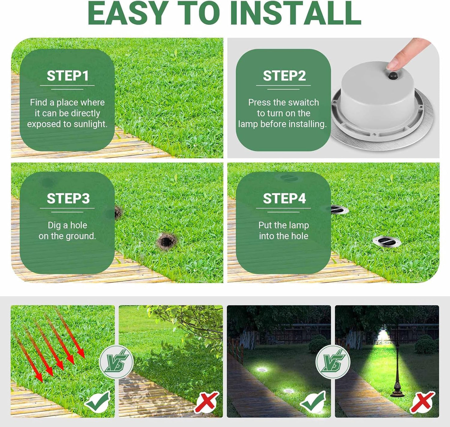 TOSHIN Solarleuchte für den Boden, Garten, wasserdicht, IP65, Solarstrahler rund, kaltweiß, 8 Stück 