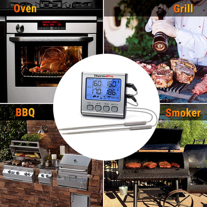 ThermoPro TP17 Thermomètre de gril numérique Thermomètre à viande Thermomètre de viande Thermomètre de cuisine, deux sondes en acier inoxydable, température intérieure bleue, plage de température jusqu'à 300 °C