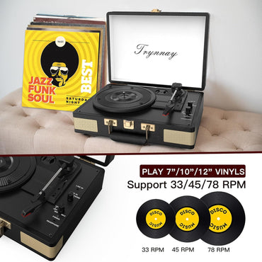 Trynnay Plattenspieler Schallplattenspieler 3-Gang-Bluetooth, tragbarer Koffer Vintage Schwarz