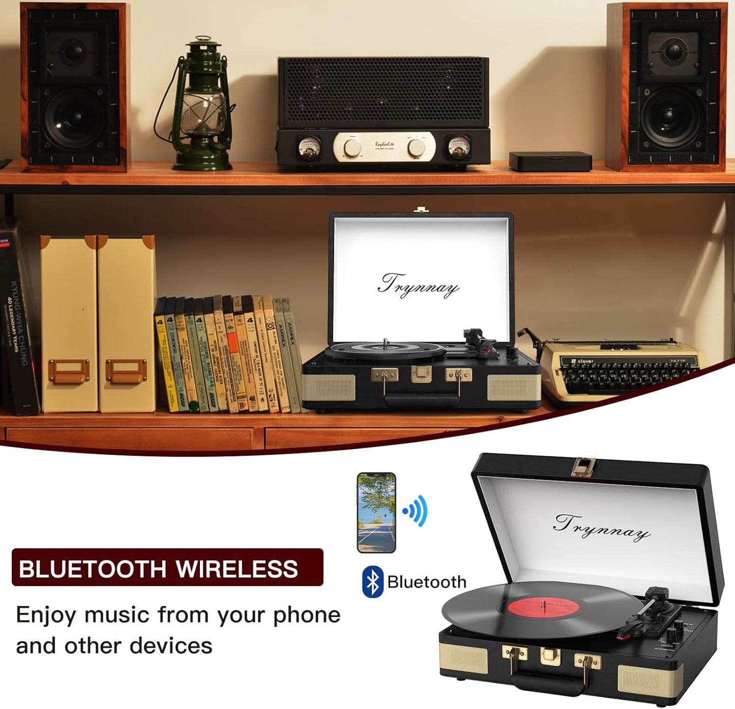 Trynnay Plattenspieler Schallplattenspieler 3-Gang-Bluetooth, tragbarer Koffer Vintage Schwarz