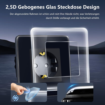 2 X TAWOIA Schuko Steckdose 1 Fach mit 2,5D Curved glas 2er-Pack schwarz
