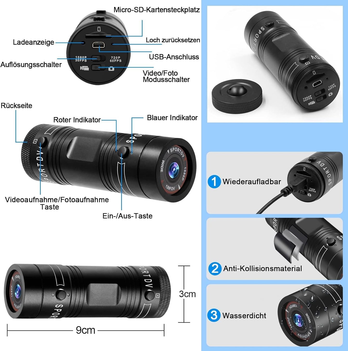 TANGMI Action Cam, 1080P HD Helmkamera, 120° Weitwinkel Video/Fotoaufnahme für Fahrrad, Motorrad und Auto