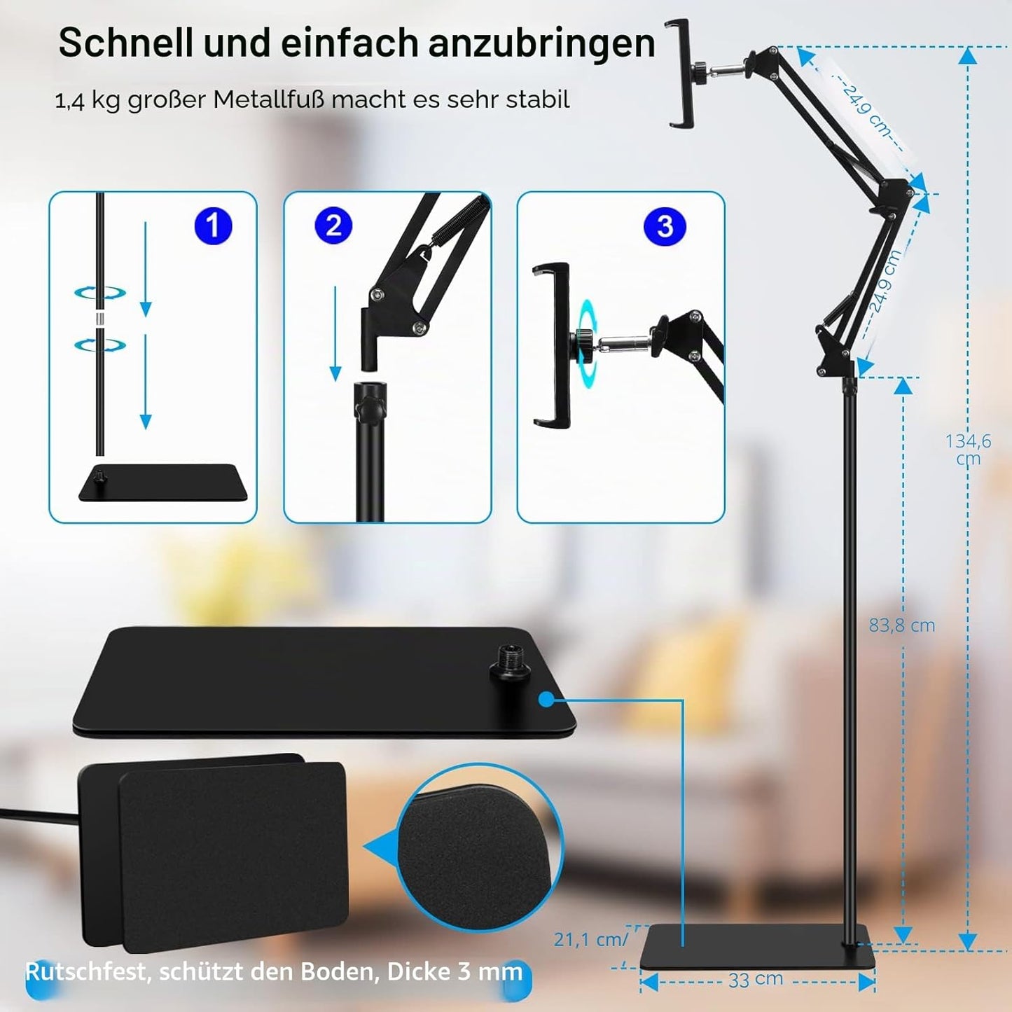 Tablet-Bodenständer, verstellbar,Metall-Tablet-Halterung, Handy-Ständer, 4,5~13 Zoll (schwarz)
