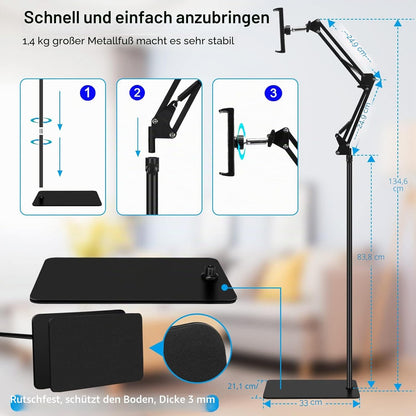 Tablet-Bodenständer, verstellbar,Metall-Tablet-Halterung, Handy-Ständer, 4,5~13 Zoll (schwarz)