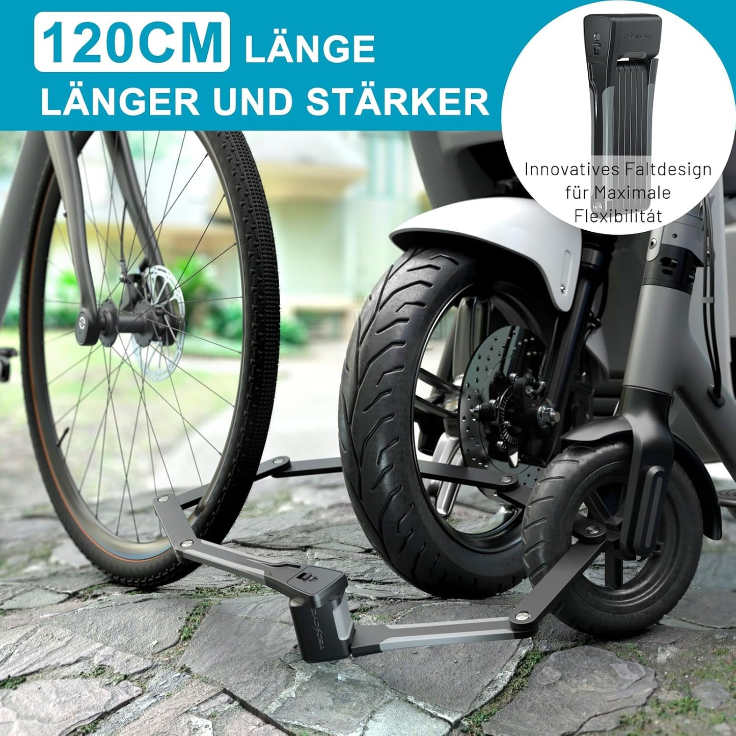 TECHCYC Faltschloss Fahrrad 120cm Sicherer Diebstahlschutz ,Gehärteter Stahl,3 Schlüsseln