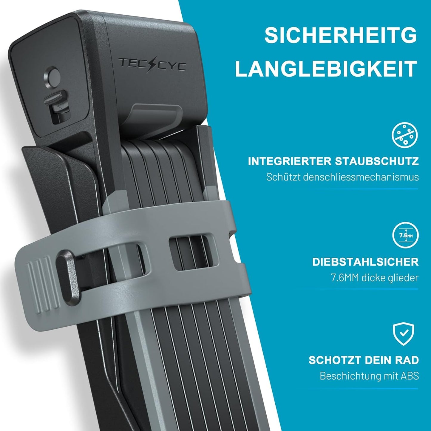 TECHCYC Faltschloss Fahrrad 120cm Sicherer Diebstahlschutz ,Gehärteter Stahl,3 Schlüsseln