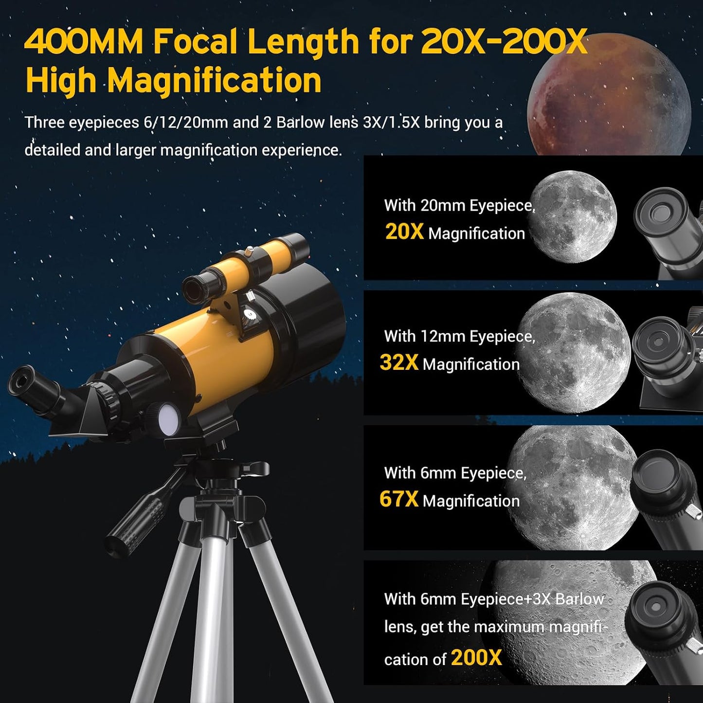 Teleskop Astronomie, 70mm Blende & Aperture 400mm (20-200X),Refraktor,Fernbedienung,
