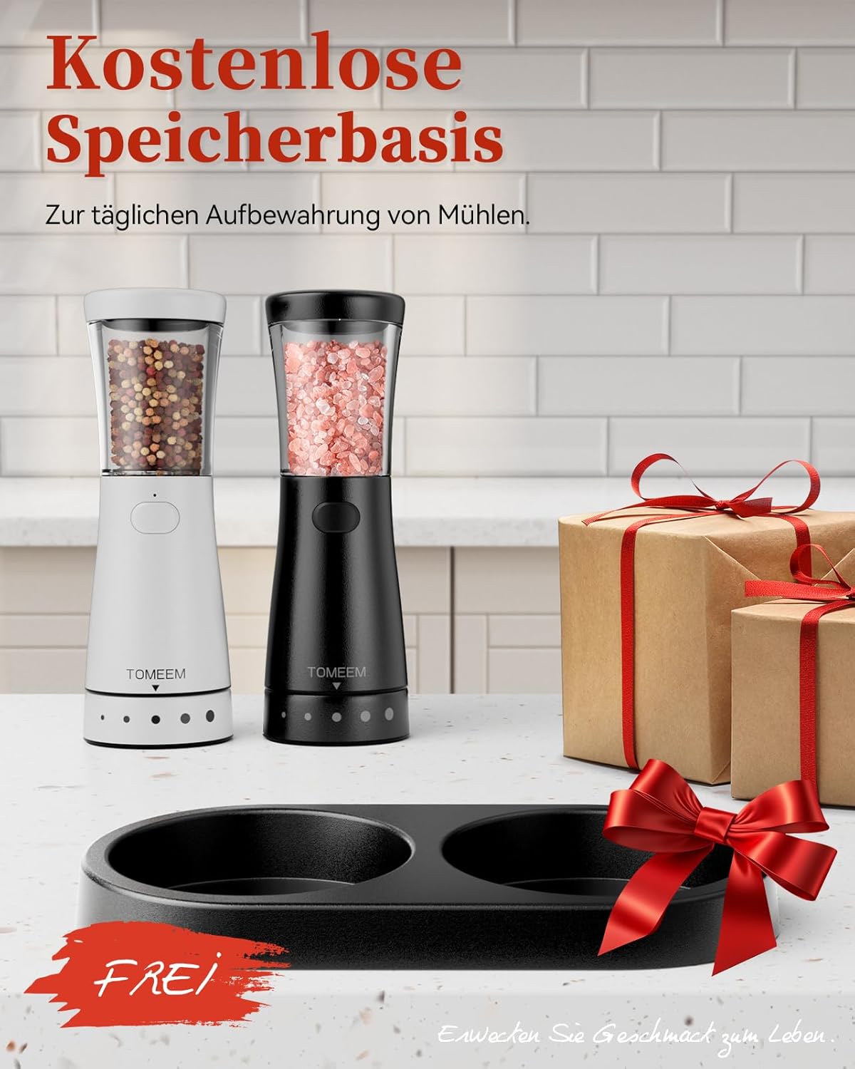 Tomeem Salz und Pfeffermühlen elektrisch 2er Set aus Edelstahl,Schwarz/Weiß