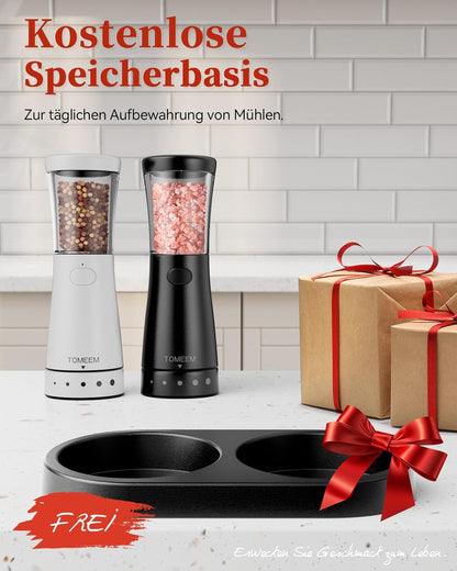 Tomeem Salz und Pfeffermühlen elektrisch 2er Set aus Edelstahl,Schwarz/Weiß
