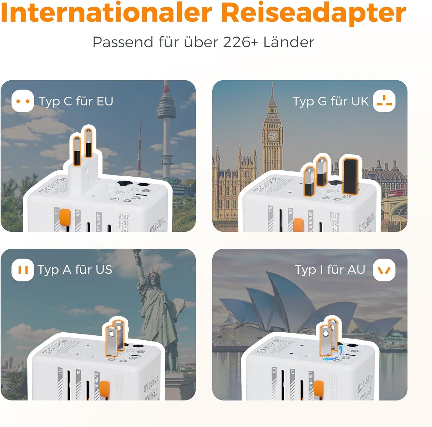 TESSAN Reiseadapter Weltweit, Universal Reisestecker mit 1 USB C und 2 USB A....