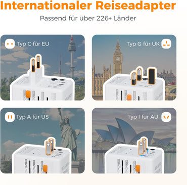 TESSAN Reiseadapter Weltweit, Universal Reisestecker mit 1 USB C und 2 USB A....