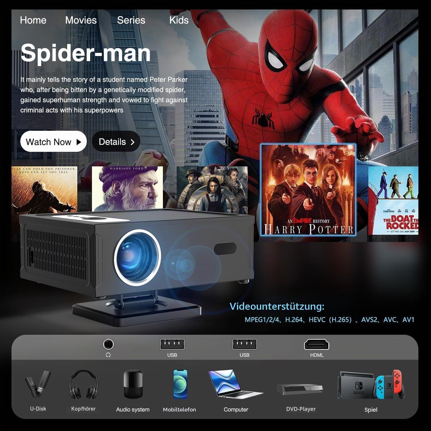 Teuyau Smart Beamer Full HD 1080P Unterstützt 4K, Projektor 4K mit WiFi 6 BT 5.0 und 360°