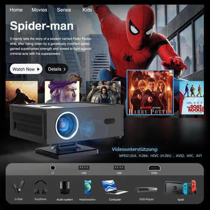 Teuyau Smart Beamer Full HD 1080P Unterstützt 4K, Projektor 4K mit WiFi 6 BT 5.0 und 360°