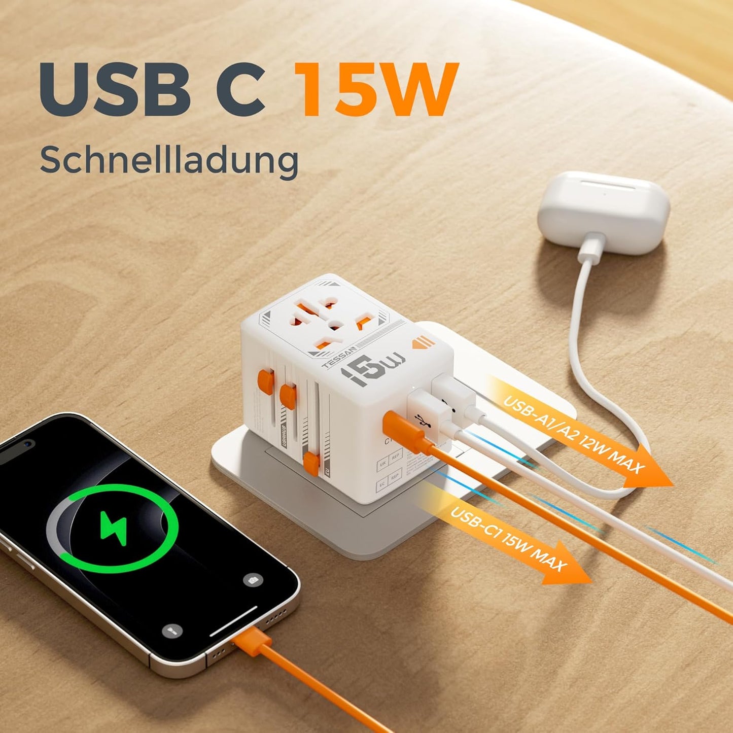 TESSAN Reiseadapter Weltweit, Universal Reisestecker mit 1 USB C und 2 USB A....