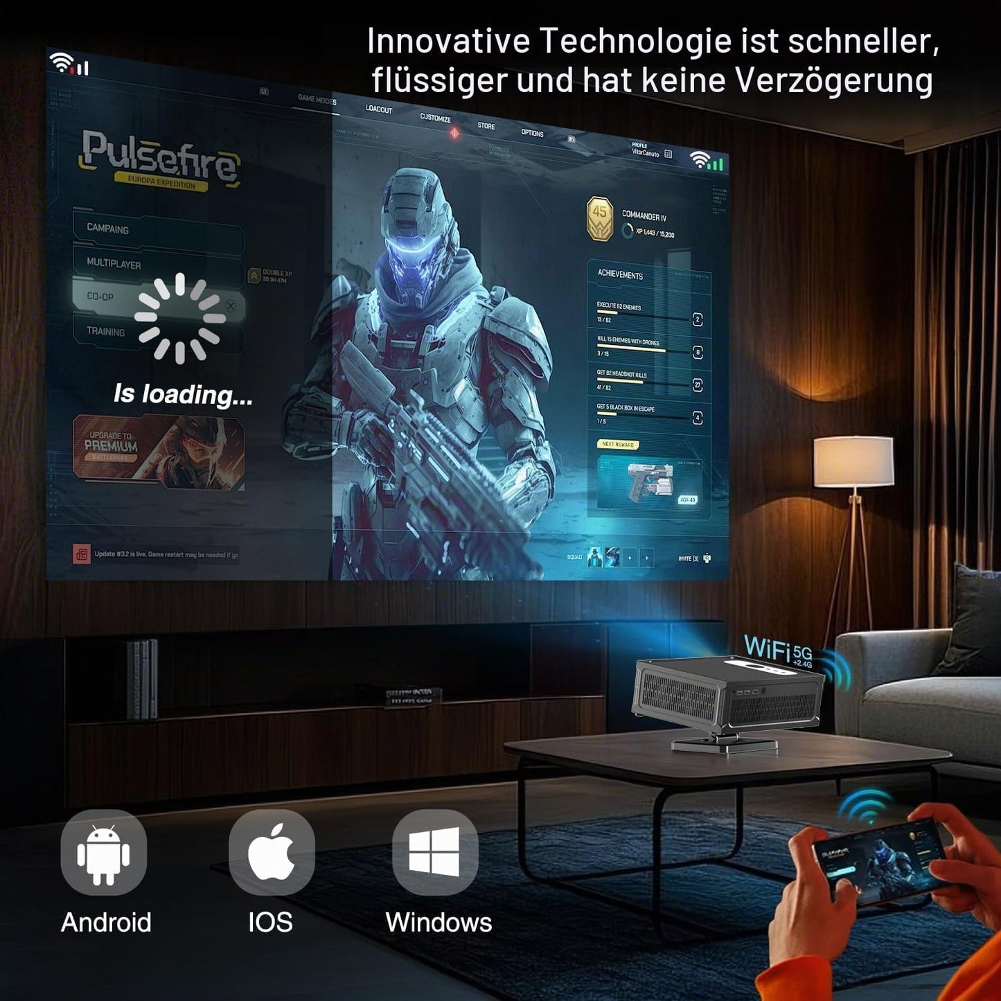 Teuyau Smart Beamer Full HD 1080P Unterstützt 4K, Projektor 4K mit WiFi 6 BT 5.0 und 360°