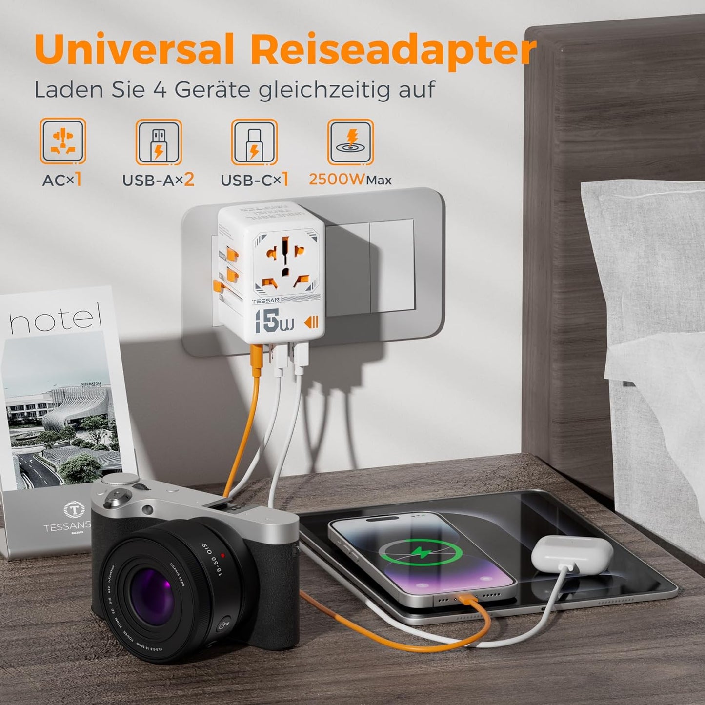 TESSAN Reiseadapter Weltweit, Universal Reisestecker mit 1 USB C und 2 USB A....