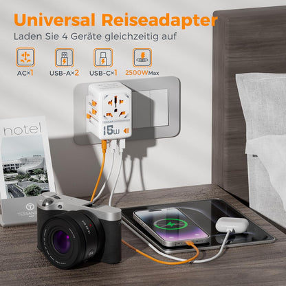 TESSAN Reiseadapter Weltweit, Universal Reisestecker mit 1 USB C und 2 USB A....