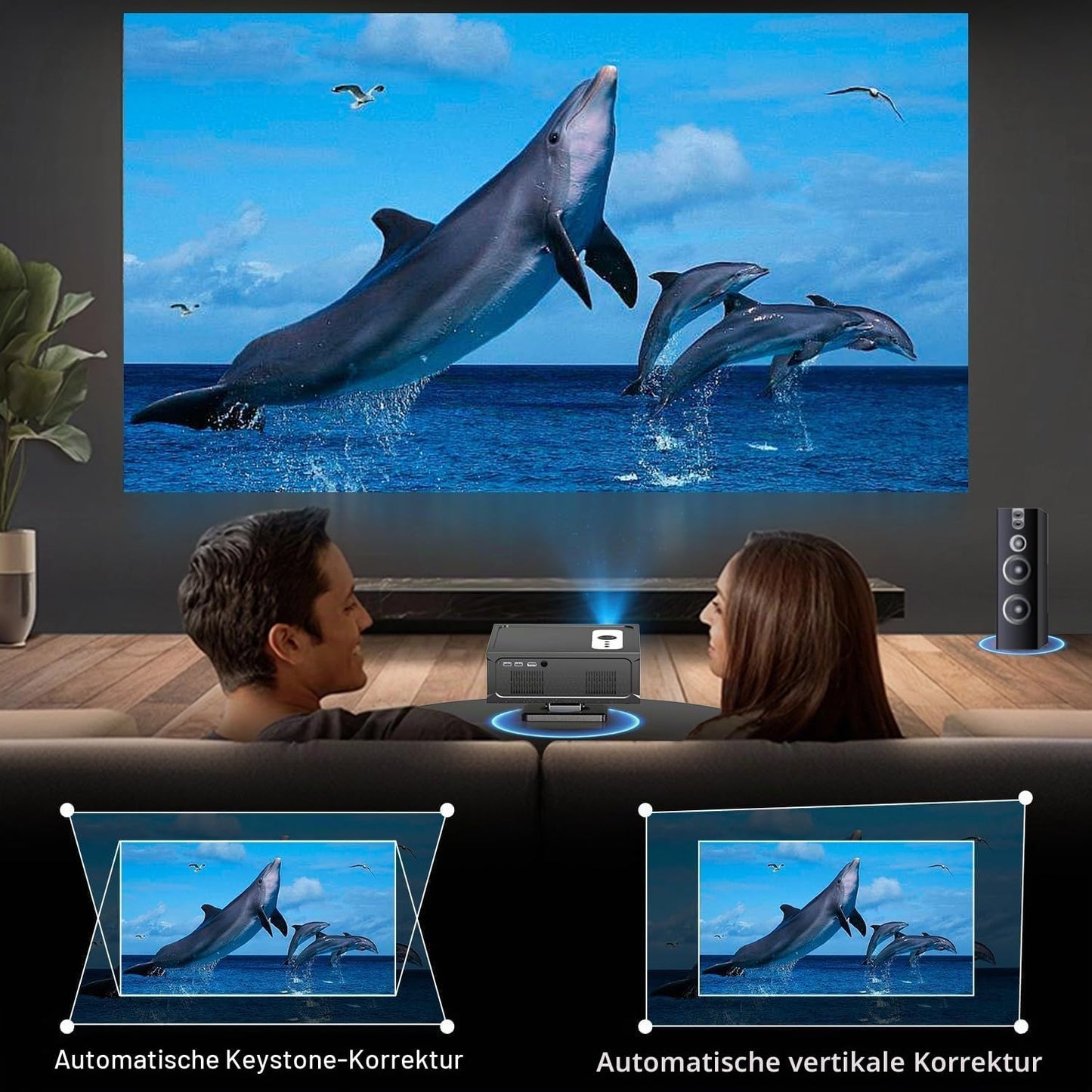 Teuyau Smart Beamer Full HD 1080P Unterstützt 4K, Projektor 4K mit WiFi 6 BT 5.0 und 360°