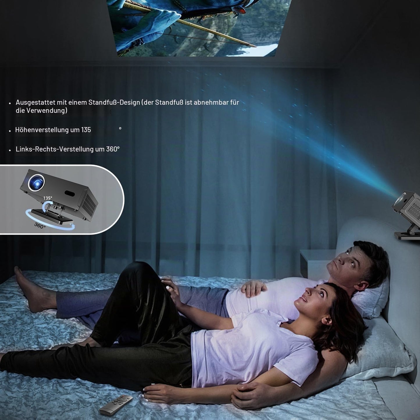 Teuyau Smart Beamer Full HD 1080P Unterstützt 4K, Projektor 4K mit WiFi 6 BT 5.0 und 360°