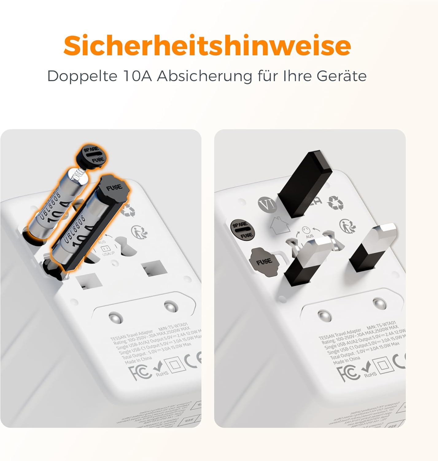 TESSAN Reiseadapter Weltweit, Universal Reisestecker mit 1 USB C und 2 USB A....