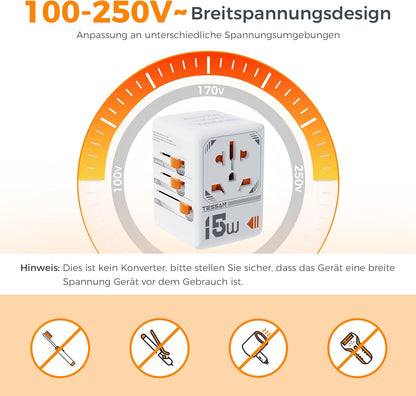 TESSAN Reiseadapter Weltweit, Universal Reisestecker mit 1 USB C und 2 USB A....