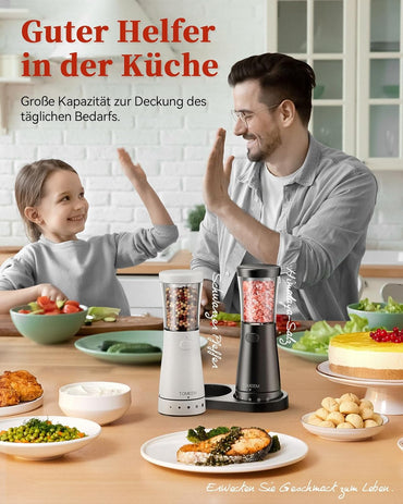 Tomeem Salz und Pfeffermühlen elektrisch 2er Set aus Edelstahl,Schwarz/Weiß