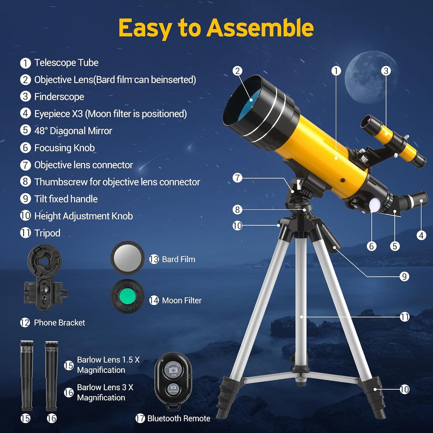Teleskop Astronomie, 70mm Blende & Aperture 400mm (20-200X),Refraktor,Fernbedienung,