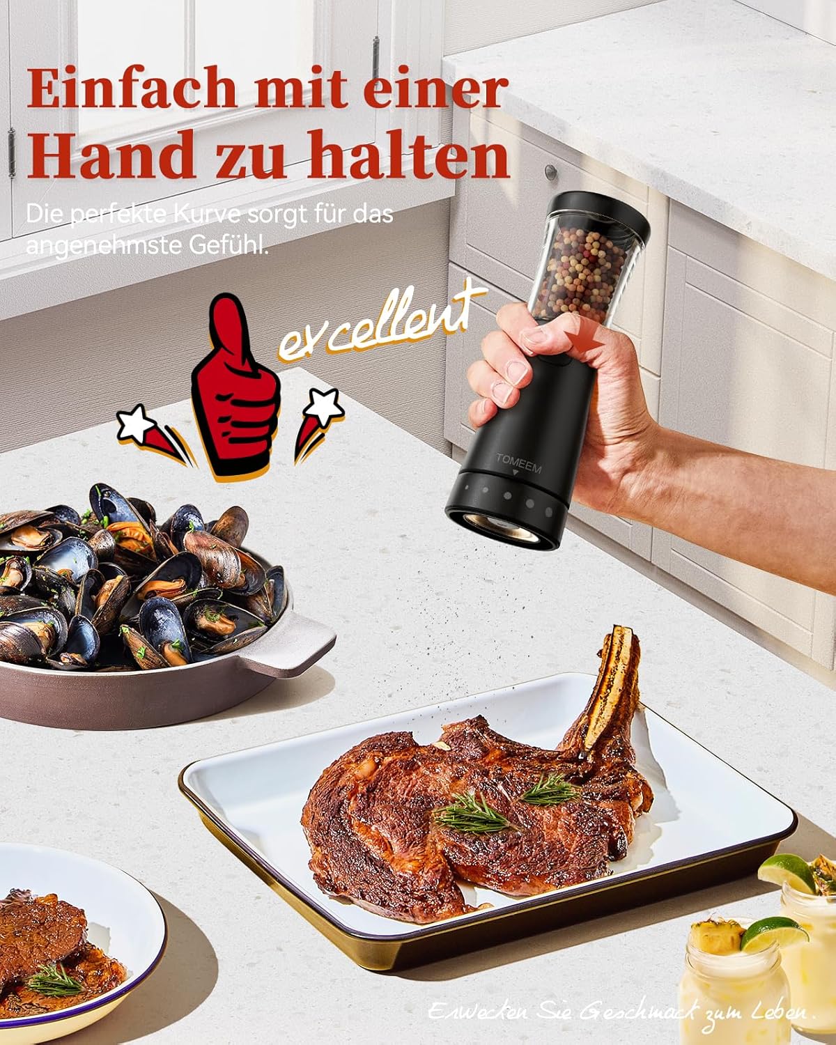 Tomeem Salz und Pfeffermühlen elektrisch 2er Set aus Edelstahl,Schwarz/Weiß