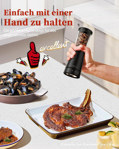 Tomeem Salz und Pfeffermühlen elektrisch 2er Set aus Edelstahl,Schwarz/Weiß