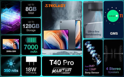 TECLAST T40 Pro Android 11 Tablet, 10.4 Zoll, 8 GB RAM + 128 GB ROM Octa-Core 2 GHz  Dual Sim