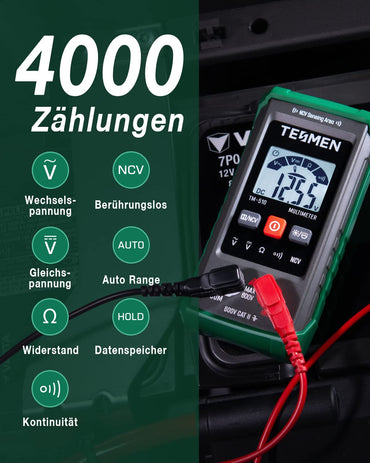 Multimètre numérique TESMEN TM-510, 4000 valeurs de mesure, voltmètre avec plage de messages automatique, message intelligent ; Spannungsprüfer Misst AC/DC Spannung, Widerstand, Durchgang – Vert