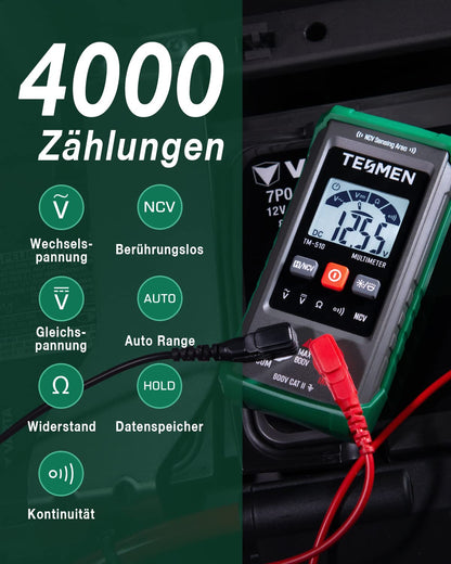 TESMEN TM-510 Digitalmultimeter, 4000 Zähler Messgerät, Voltmeter mit automatischem Nachrichtenbereich, intelligente Nachricht; Spannungsprüfer Misst AC/DC Spannung, Widerstand, Durchgang – Grün