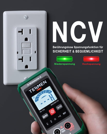 TESMEN TM-510 Digitalmultimeter, 4000 Zähler Messgerät, Voltmeter mit automatischem Nachrichtenbereich, intelligente Nachricht; Spannungsprüfer Misst AC/DC Spannung, Widerstand, Durchgang – Grün