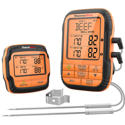 ThermoPro TP28C 150m Funkthermometer Grillthermometer mit 2 Sonden Küchenuhr Fleischthermometer Bratenthermometer IPX4 Wasserdicht für Backofen, Dutch Oven, Gasgrill