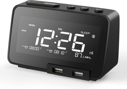 TIFIND Radiowecker mit USB-Anschluss, Dual-Alarm mit Wochentag/Woche, 6 Weckergeräusche, anpassbare Helligkeitsregulierung, Sleep-Timer, Thermometer, kleine Größe für Schlafzimmer