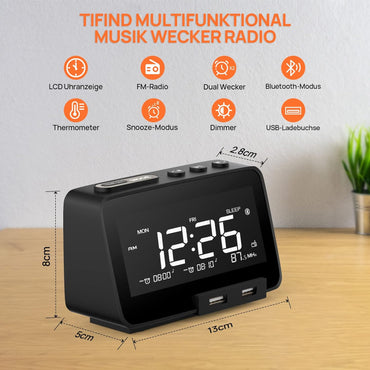 TIFIND Radiowecker mit USB-Anschluss, Dual-Alarm mit Wochentag/Woche, 6 Weckergeräusche, anpassbare Helligkeitsregulierung, Sleep-Timer, Thermometer, kleine Größe für Schlafzimmer