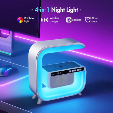 Tischlampe, Hi-Fi-Bluetooth-Lautsprecher, Stimmungslampe mit erhältlichem 15-W-Qi-Ladegerät, Farbwechsel-Lampe mit Wecker, G-Lautsprecher, Streaming-Licht, Stimmungsbeleuchtung