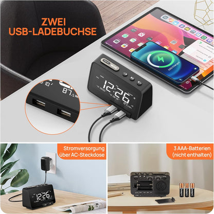 TIFIND Radiowecker mit USB-Anschluss, Dual-Alarm mit Wochentag/Woche, 6 Weckergeräusche, anpassbare Helligkeitsregulierung, Sleep-Timer, Thermometer, kleine Größe für Schlafzimmer