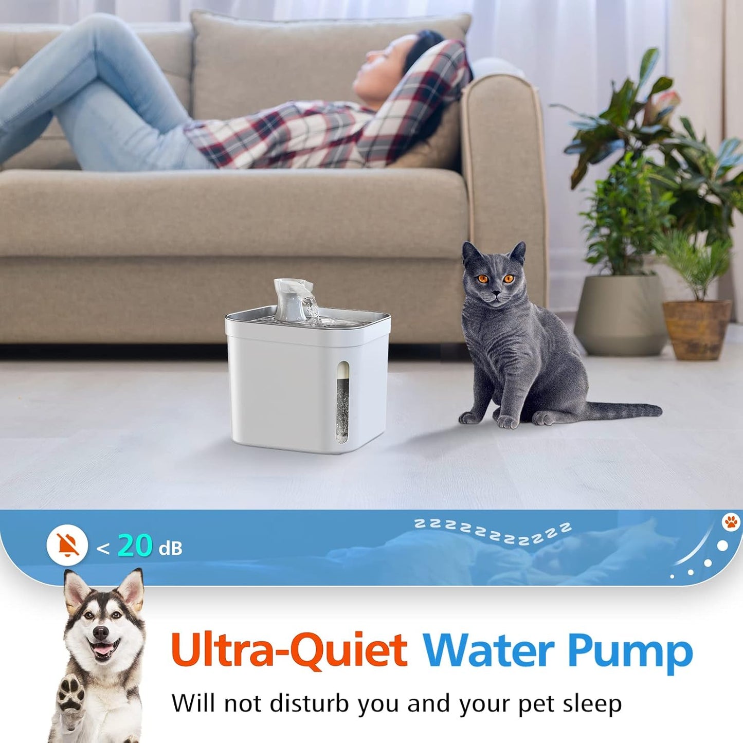 Trinkbrunnen für Katze, 67 oz/2L Edelstahl Haustier Katzenbrunnen, Ultraleiser Pump Katzen Wasserspender für Katzen, Hunde, Mehrere Haustiere (2.2L)