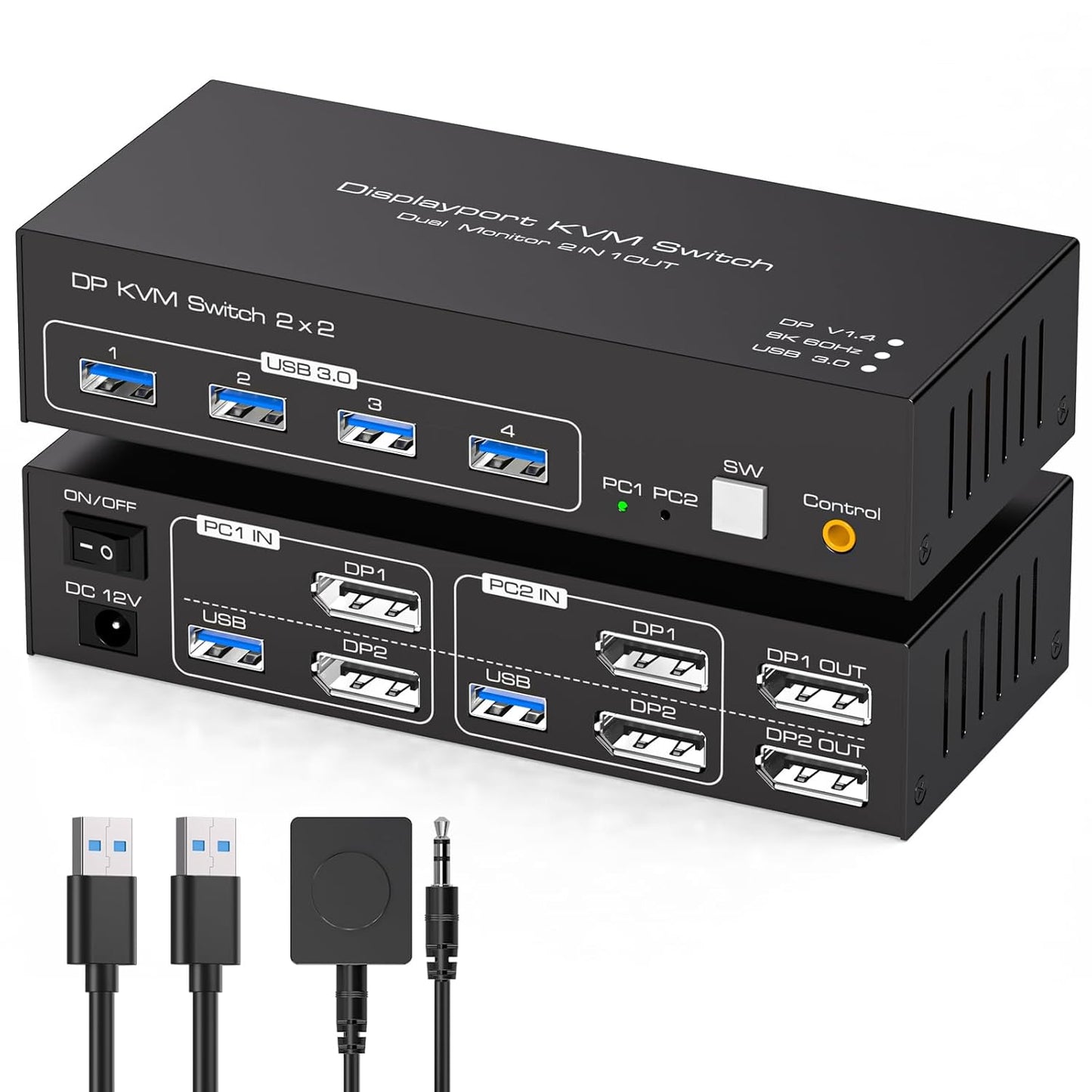 KVM-Switch, 4 K @ 120 Hz, 2 Monitore, 2 Computer, 8 K @ 60 Hz Displayport,