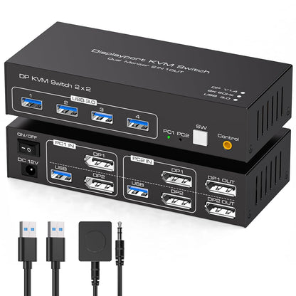KVM-Switch, 4 K @ 120 Hz, 2 Monitore, 2 Computer, 8 K @ 60 Hz Displayport,