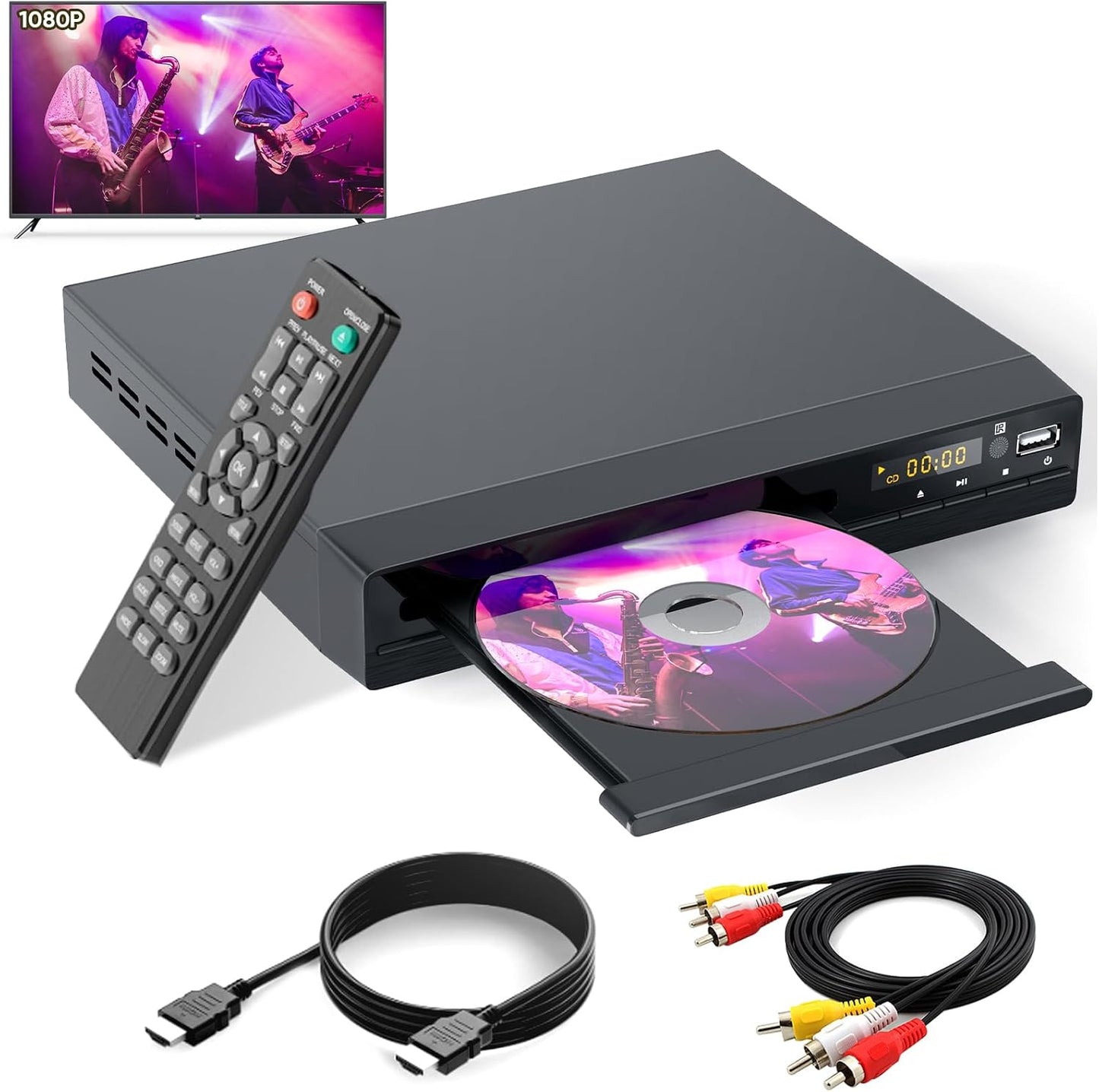 Tojock DVD-Player mit HDMI-AV-Ausgang,Fernbedienung,HDMI-AV-Kabel