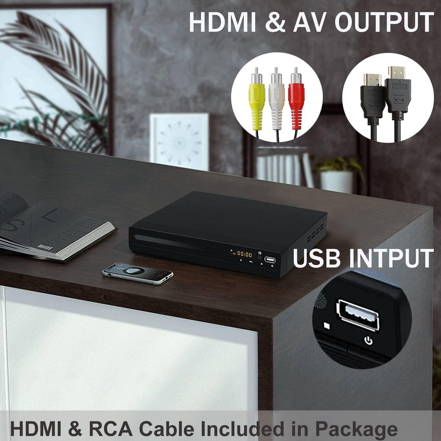 Tojock DVD-Player mit HDMI-AV-Ausgang,Fernbedienung,HDMI-AV-Kabel