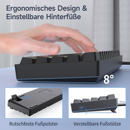 TMKB T61SE Gaming Mechanische Tastatur mit Deutsches QWERTZ Layout,Blauer Schalter,Schwarz