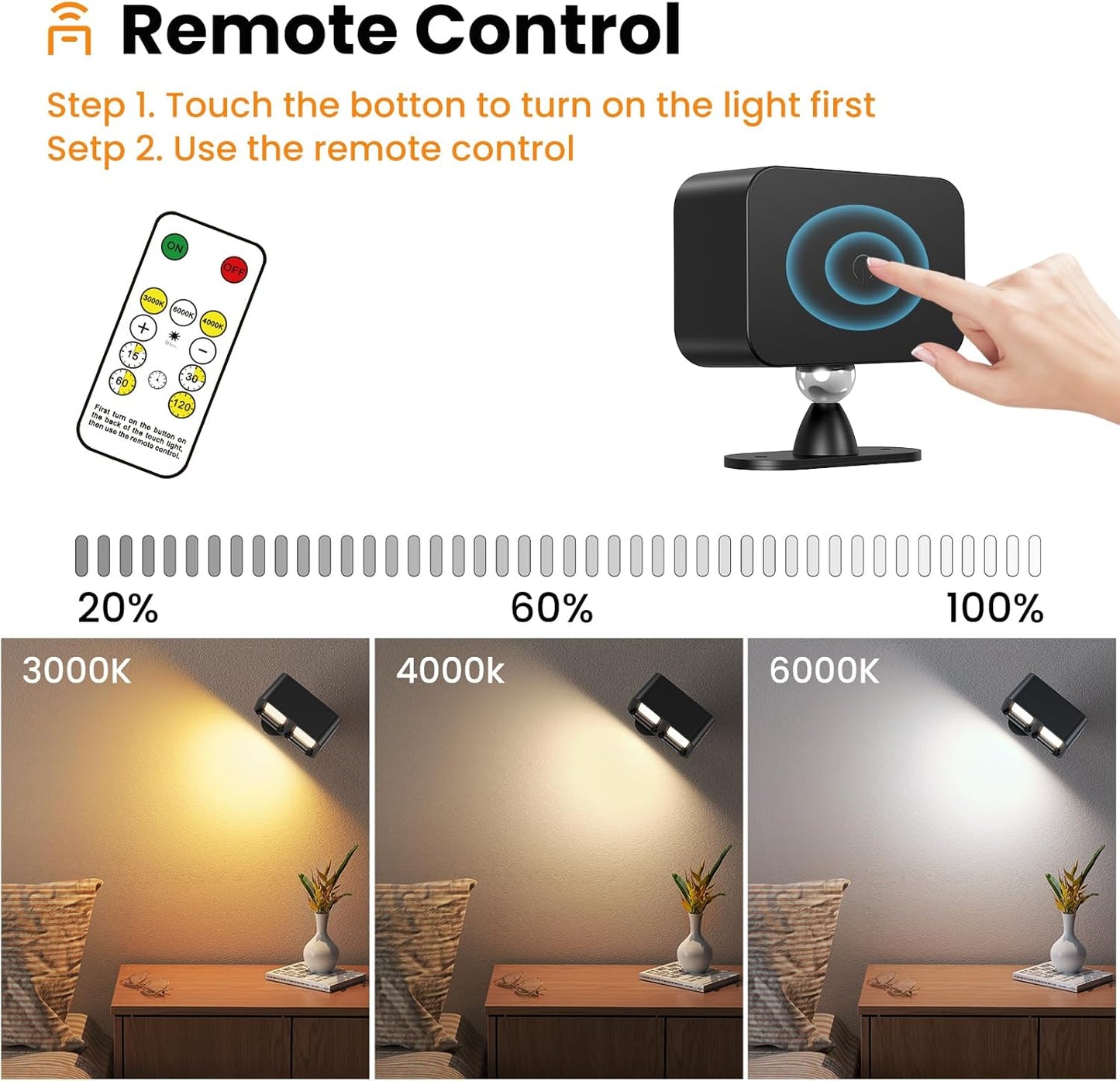 Applique murale LED TNMOO, sans fil, 5 angles, 3 températures de couleur, commande tactile rotative à 360° (noir), 1 pièce
