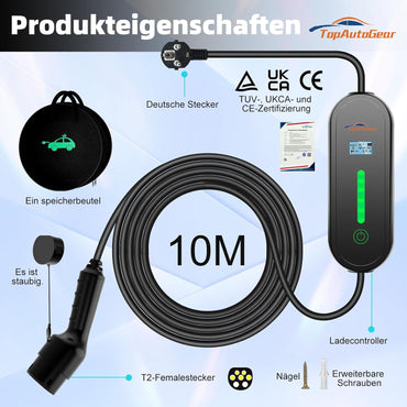 TopAutoGear EV Ladegerät Typ 2 Anschluss Ladekabel 10m 6/8/10/16A