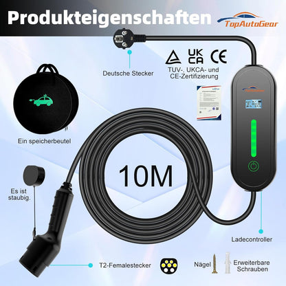 TopAutoGear EV Ladegerät Typ 2 Anschluss Ladekabel 10m 6/8/10/16A