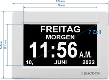 TROCOTN Demenz Uhr Senioren Digitale Uhr Tagesuhr Großes Display Wecker Wanduhr (Weiß, 7 Zoll)